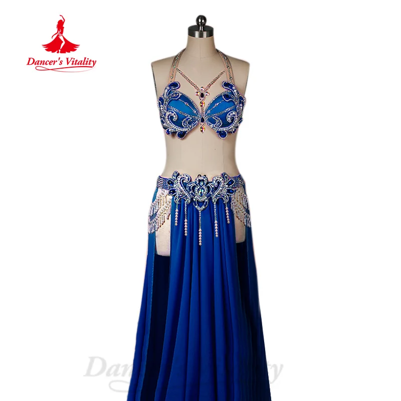 BellyDance Performance Costume Women Customization Luxury Diamond Bra+Sexy Split Chiffon Long Skirt 2pcs Oriental Dance Outfit