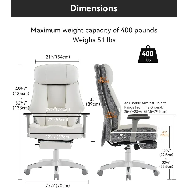 Big and Tall Office Chair 400lbs, Executive Office Chair with Foot Rest, High Back Office Chair with Back Support