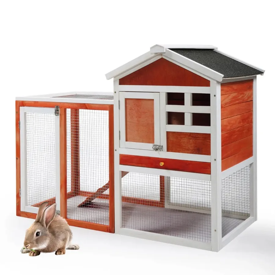 

2-Story Wooden Rabbit Hutch Bunny Cage; Chicken Coop; Pet House for Small Animals; Orange + White