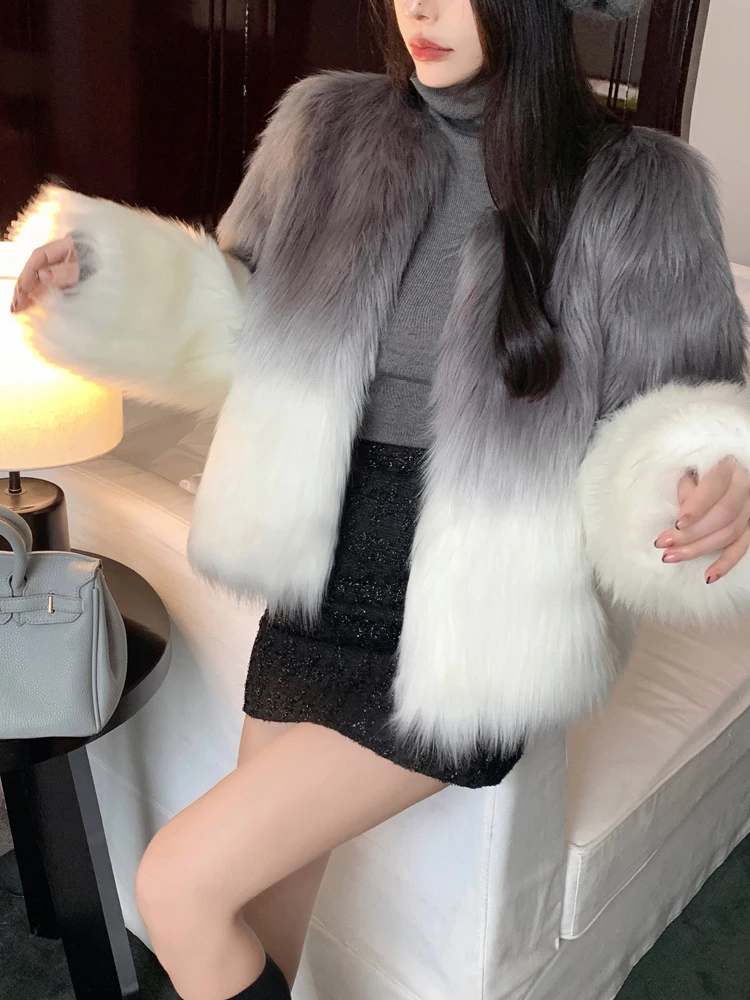 DEAT Fashion Gradient Color Fuax Fur Coat Women's O-neck Loose Thick Plush Imitation Fox Fur Grass Jacket Winter 2024 New 7AB628