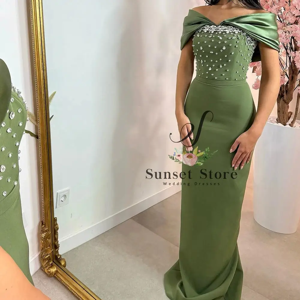 

Customized Evening Dresses Floor-length Off The Shoulder Sleeveless Prom Gown Fashion Crystal Backless Party Gown