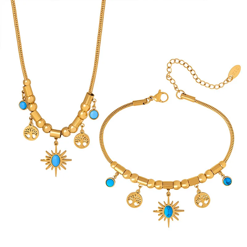 

Kiytkiss European and American ladies retro turquoise starburst ring pendant necklace necklace with starburst ring bracelet