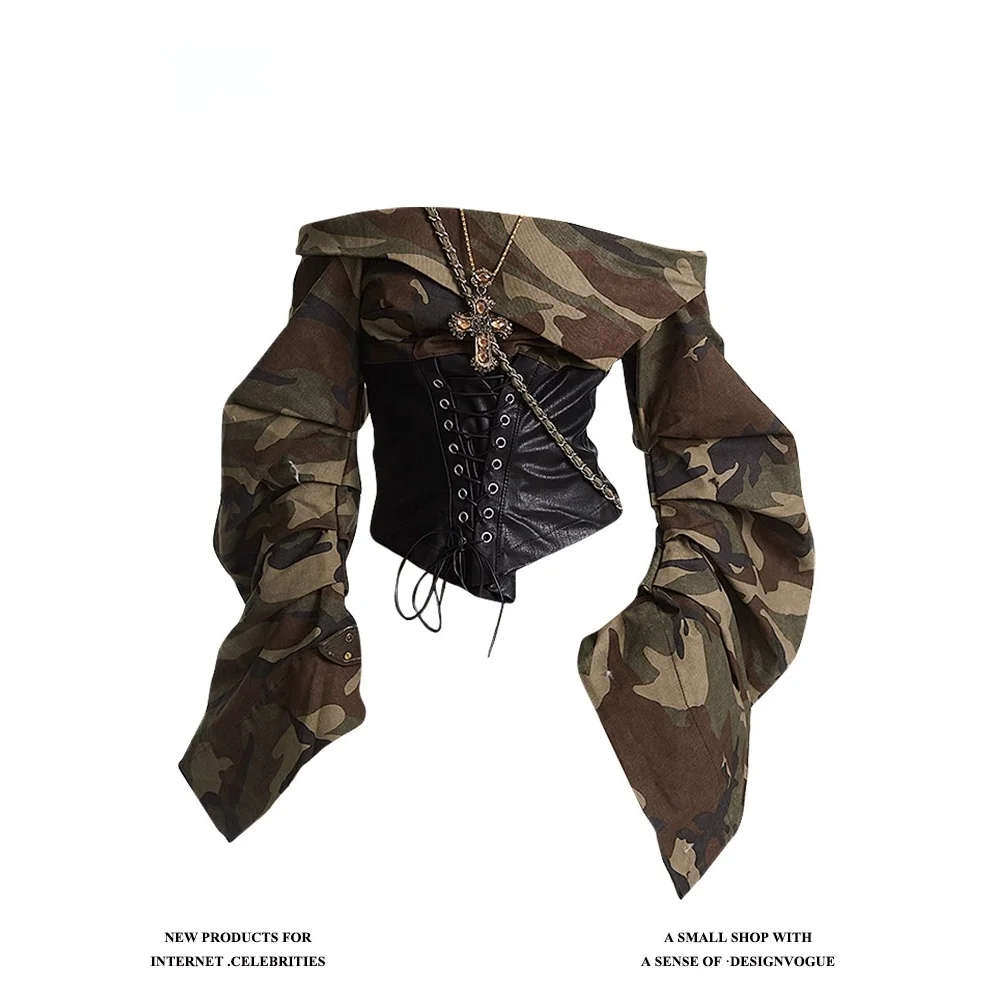 

Off Camouflage Belted Top Women's Spring oulder Bared Patchwork Spicy Girl Sle Retro Fit Long Sve ort A-Line Skirt