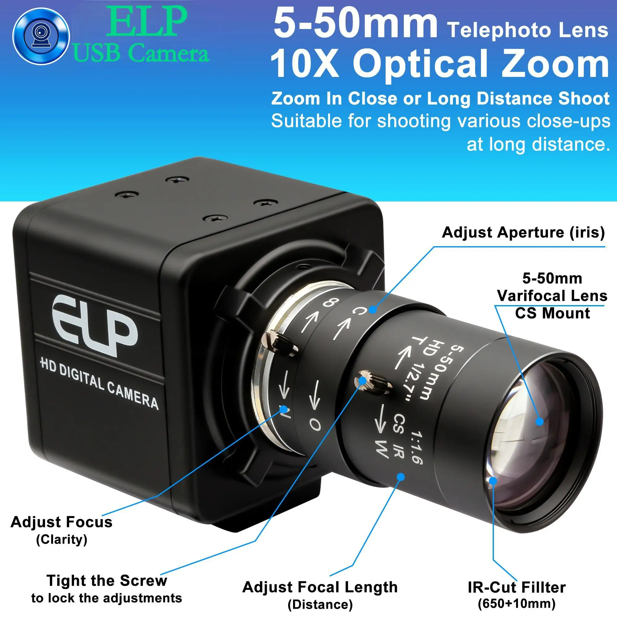ELP 5MP Global Shutter 10X Zoom Mini Webcam High Speed 1944P 50fps