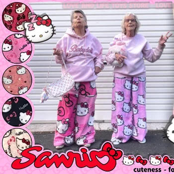 Anime Hello Kitty Pijama flanela feminina, calça de lã quente, rosa, preta, rosa, casual, para casa, outono, feminina