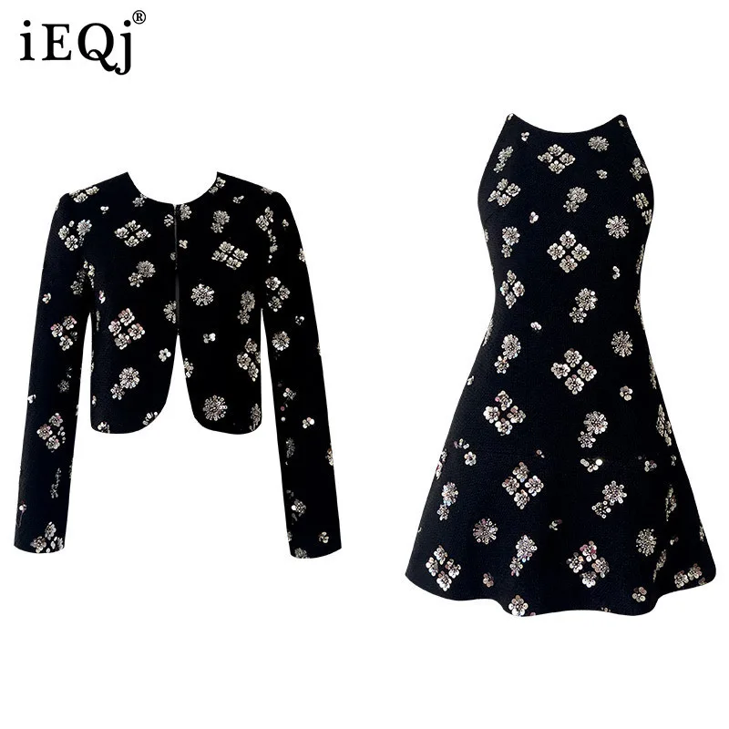 IEQJ Flower Sequins Slim Women's Dress Set 2025 Winter New Fashiion Long Sleeves O Neck Tweed Coat Solid Female Clothing 3XP46