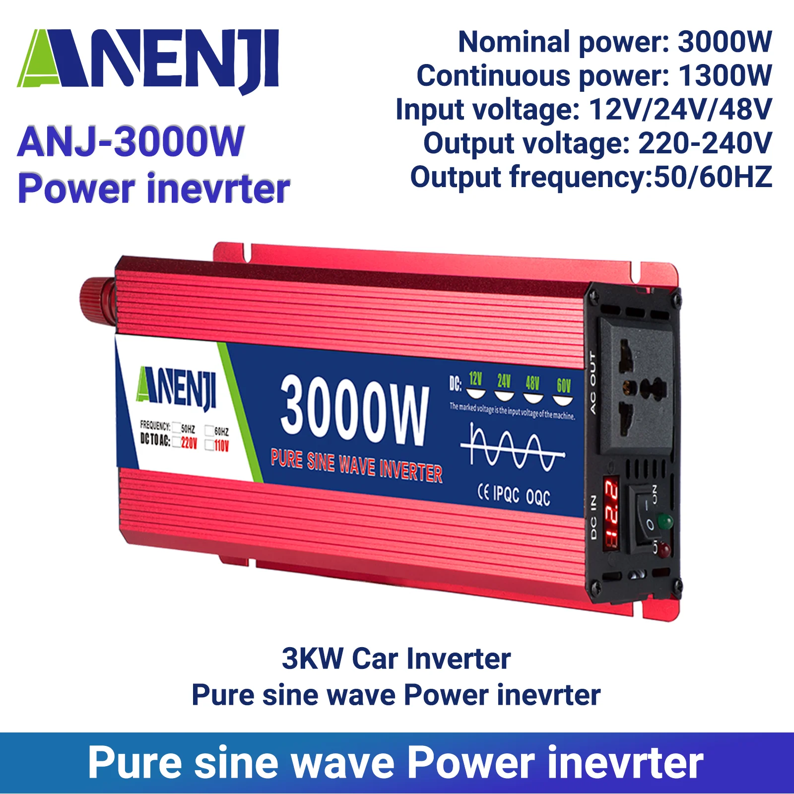 3KW Car Solar Pure Sine Wave Inverter 48V 24V 12V to AC 220V 240V Voltage Transformer Power Converter Solar Inverter LED Display