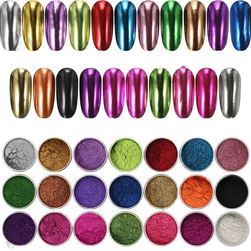 1Box 0.5g Metallic Mirror Effect Chrome Powder Nail Glitter Holographic Metallic Chrome Powder 19Colors Rubbing Pigment for Nail