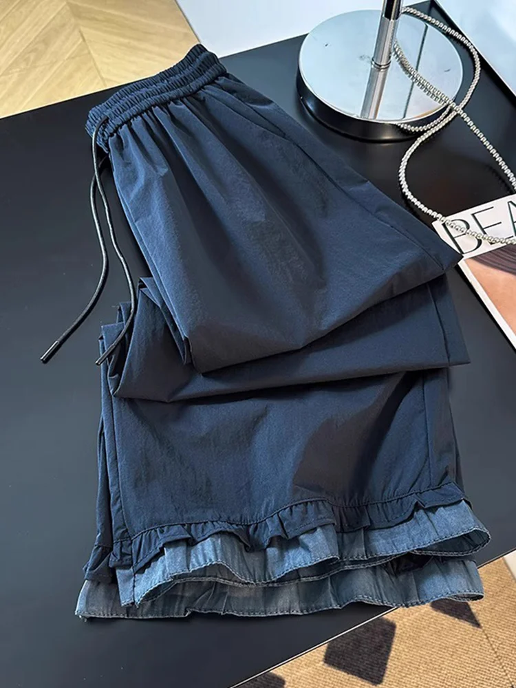 

Bla Lace Trim Splice Casual Pants Women Summer Thin Pear Body ape Hip Covering Straight Leg Nine Points Qui Dry Sports ...