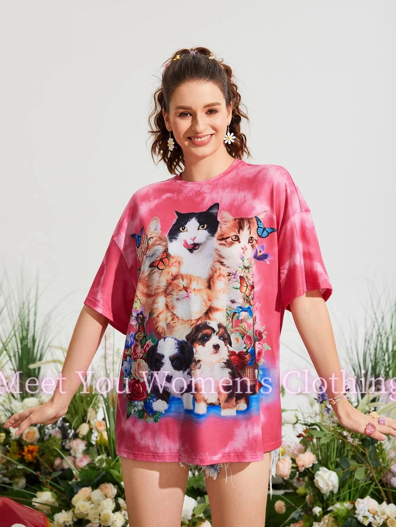 

Summer Women 3D Pet Cats Printed Short Sleeve 3D Print T-shirt Round Neck Loose Summer Oversized Casual T-Shirt Women's Clothes