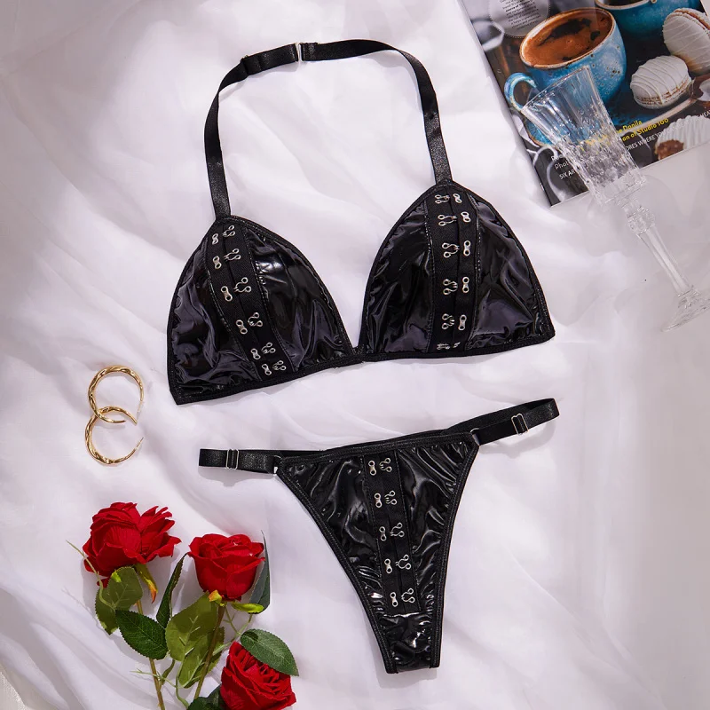 Bikini Sexy UnderwearPULeather Three-Point Underwear Low Cut Underclothes Temptation T-Back Suit Women