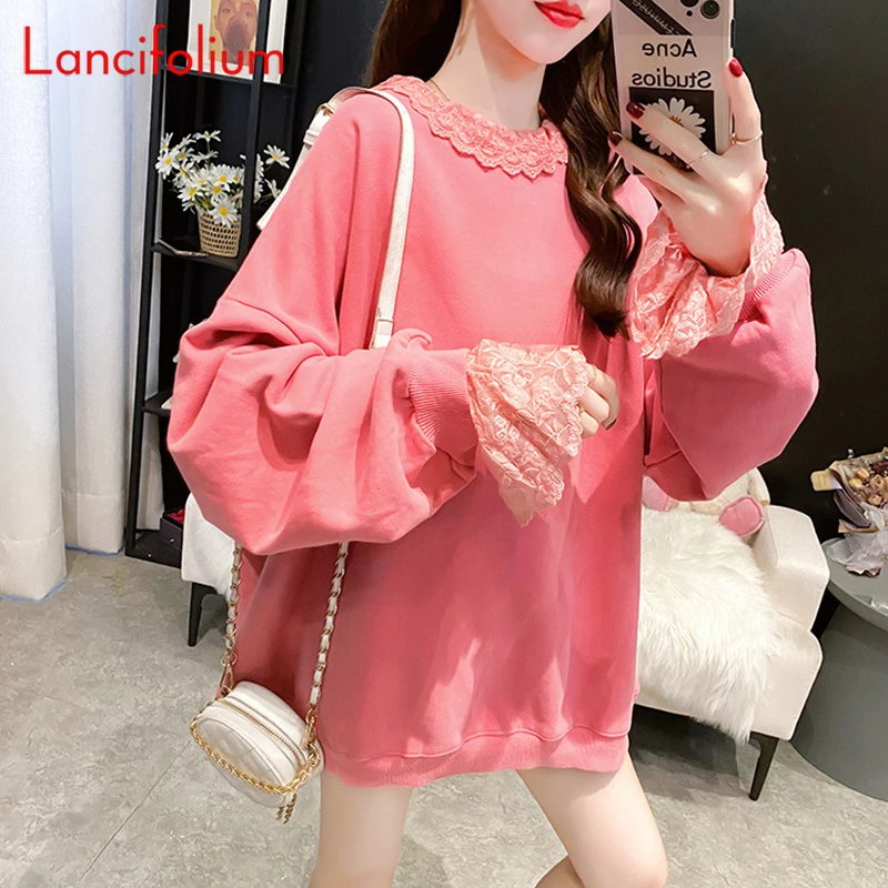 

Pink Lace Patchwork Hoodie Korean Baggy Vintage Long Sleeve Kawaii Streetwear Black Purple Sweatshirt Fall Spring Women TOP 2022