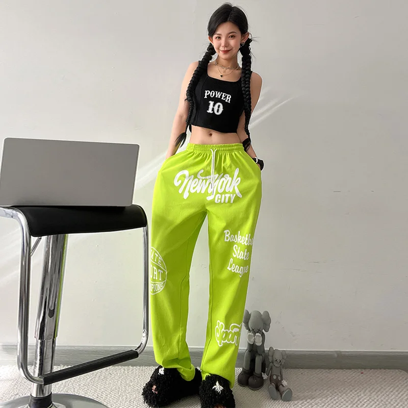 Green New Fashion Letter Print Sports Pants for Women Y2K Streetwear Long Trousers American Summer Popular Women\'s Pants