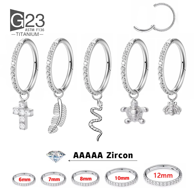 G23 Titanium Hinged Segment Hoop Earrings Pendant CZ Paved Tragus Ear Lip Nose Ring Snake/bee/feather/ Tortoise /Dangle Piercing