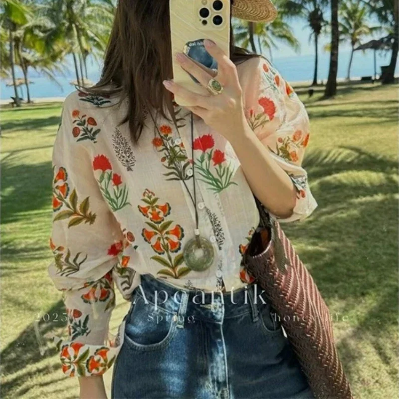 

Vacation Women's Blouses Korean Shirts FASHION Loose Spring/Summer Vintage Clothing Printed Long Sleeve Women Tops
