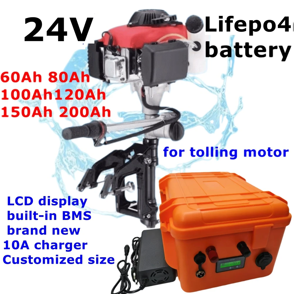 

Batterie Lifepo4 24V, 50/60/80/100/120/150 Ah, avec charger 10A, pour moteur de bateau à la traîne.