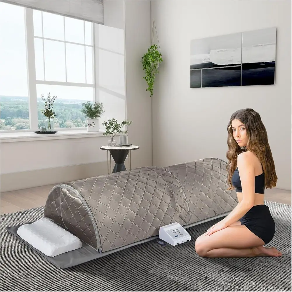 Domo de Sauna Infrarroja Portátil de Cuerpo Completo para Spa en Casa, 360 ° Cobertura, Calor Seco, Acostado, con Almohadas y Colchoneta