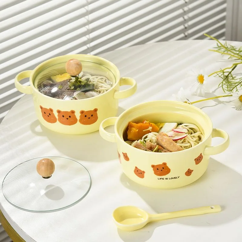 Ins Korean Ceramic Tableware Ramen Bowl with Lid Cute Cartoon Bear Ceramic Soup Bowl Yellow Dormitory Student Salad Noodle Bowl