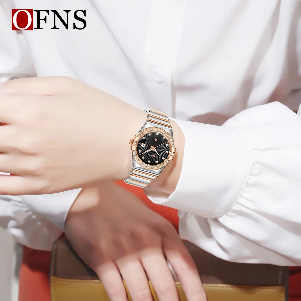 OFNS Новые 1569 модные роскошные женские кварцевые часы водостойкий светящийся календарь деловые женские кварцевые часы с бриллиантами 2025