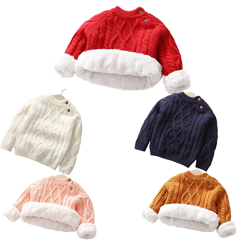 Baby Boys Girls Sweaters Kid Fleece Thickened Autumn Winter pullover Round Neck Long Sleeves  Wool Clothing Girls Ripped Sweater