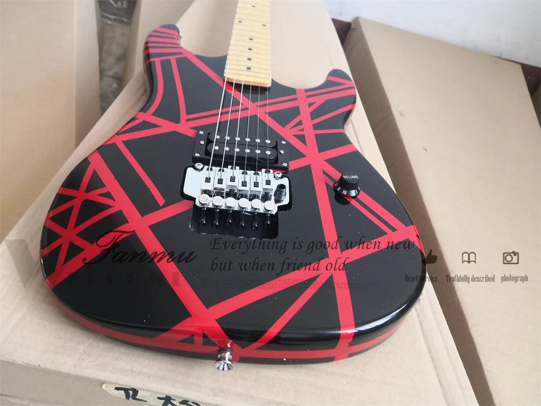 Black electric guitar red stripe top basswood body tremolo bridge black pickups chrome tuners maple neck