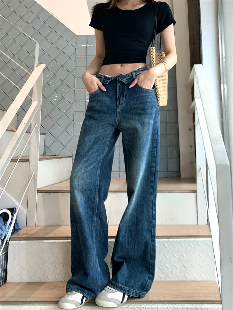 Korean-style spring and autumn low-waist vintage wide-leg jeans for women distressed blue washed loose slimming cuffed floor-length pants