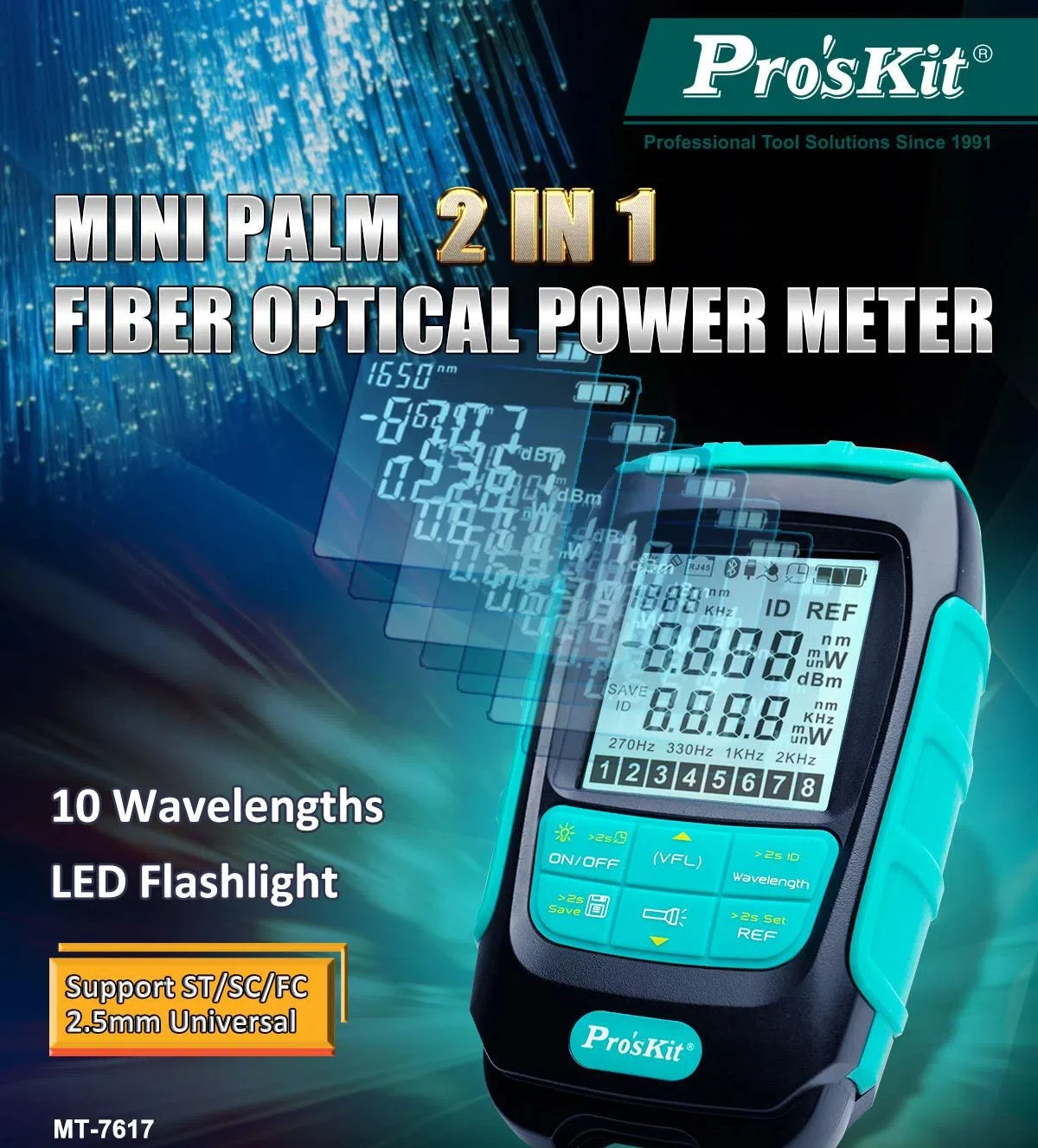 

Proskit MT-7617-C USB 2 in 1 LED Mini Optical Fiber Power Breakpoint Test Detector is suitable for dB, dBm, nW, mW and uW