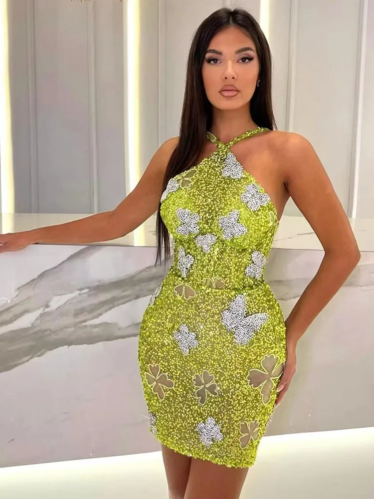 Summer Sexy Sleeveless Backless Mesh Sequins Butterfly Mini Women Celebrity Dress 2024 Elegant Party Evening Club Vestido