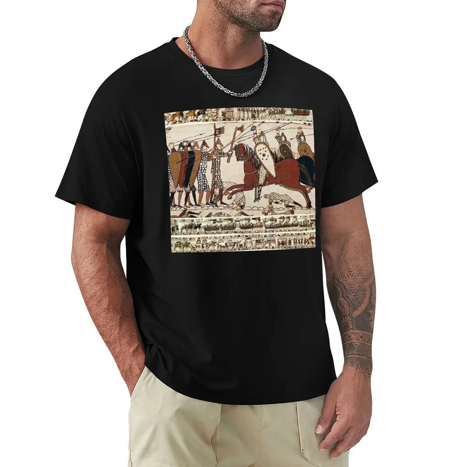 

THE BAYEUX TAPESTRY ,BATTLE OF HASTINGS ,NORMAN KNIGHTS COMBATTING HORSEBACK T-Shirt Work Basic Short Sleeve Top