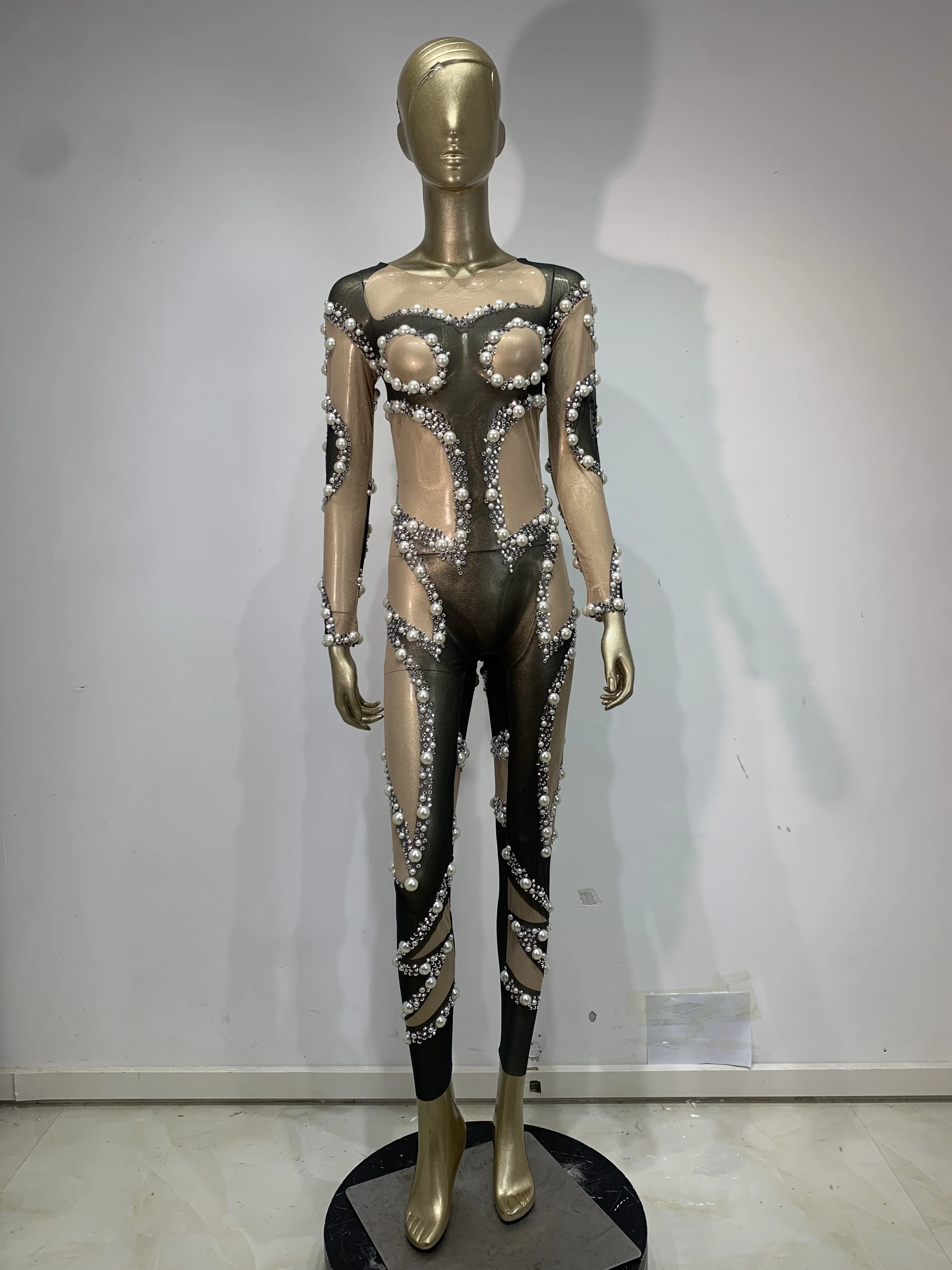 

Sparkly Pearl Diamond Mesh Transparent Long Sleeve Jumpsuit Women Celebrate Luxury Birthday Sexy Nightclub Dancer Stage Costume