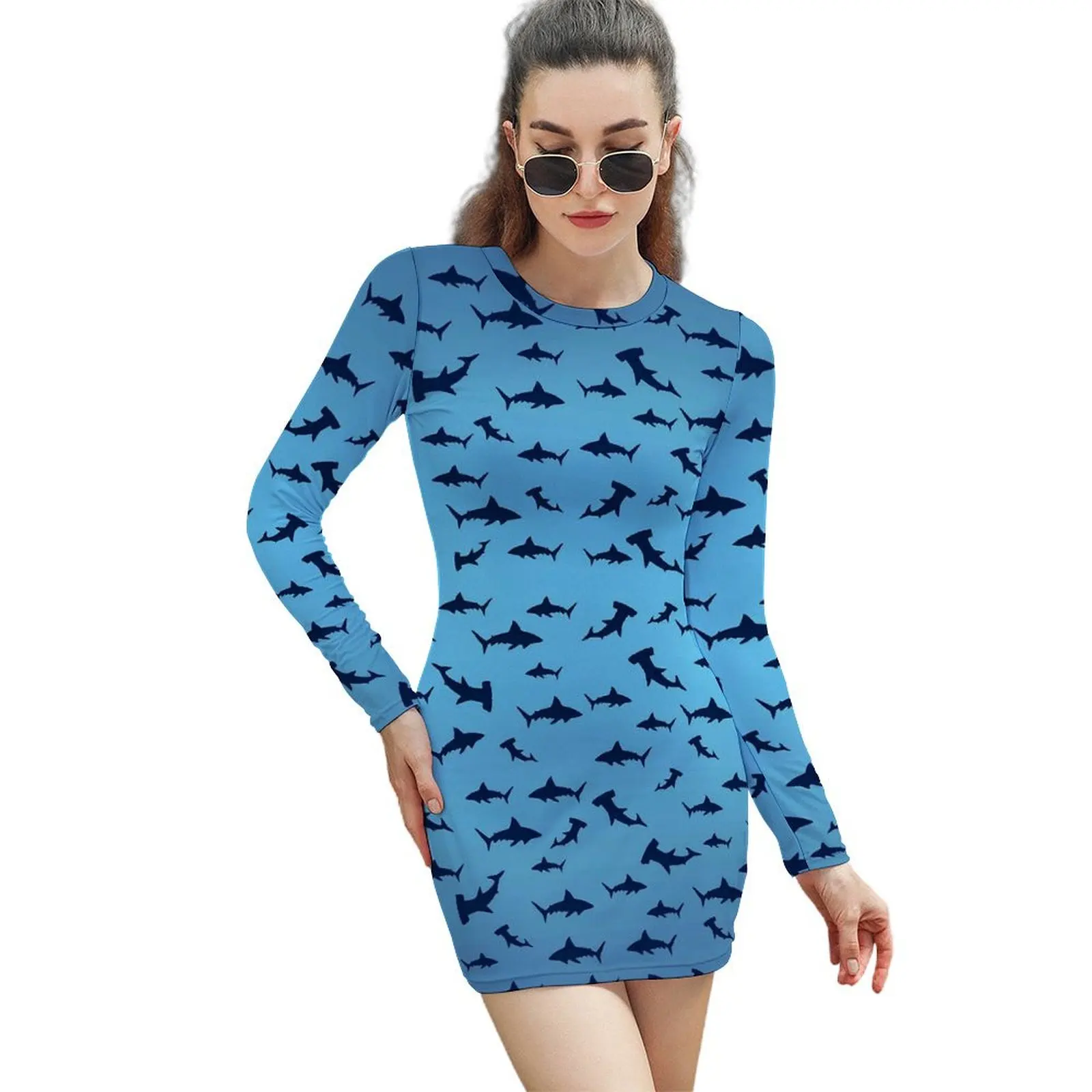 

More Sharks Bodycon Dress Holiday Funny Animal Vintage Dresses Women Long Sleeve Custom Streetwear Dress Big Size 2XL