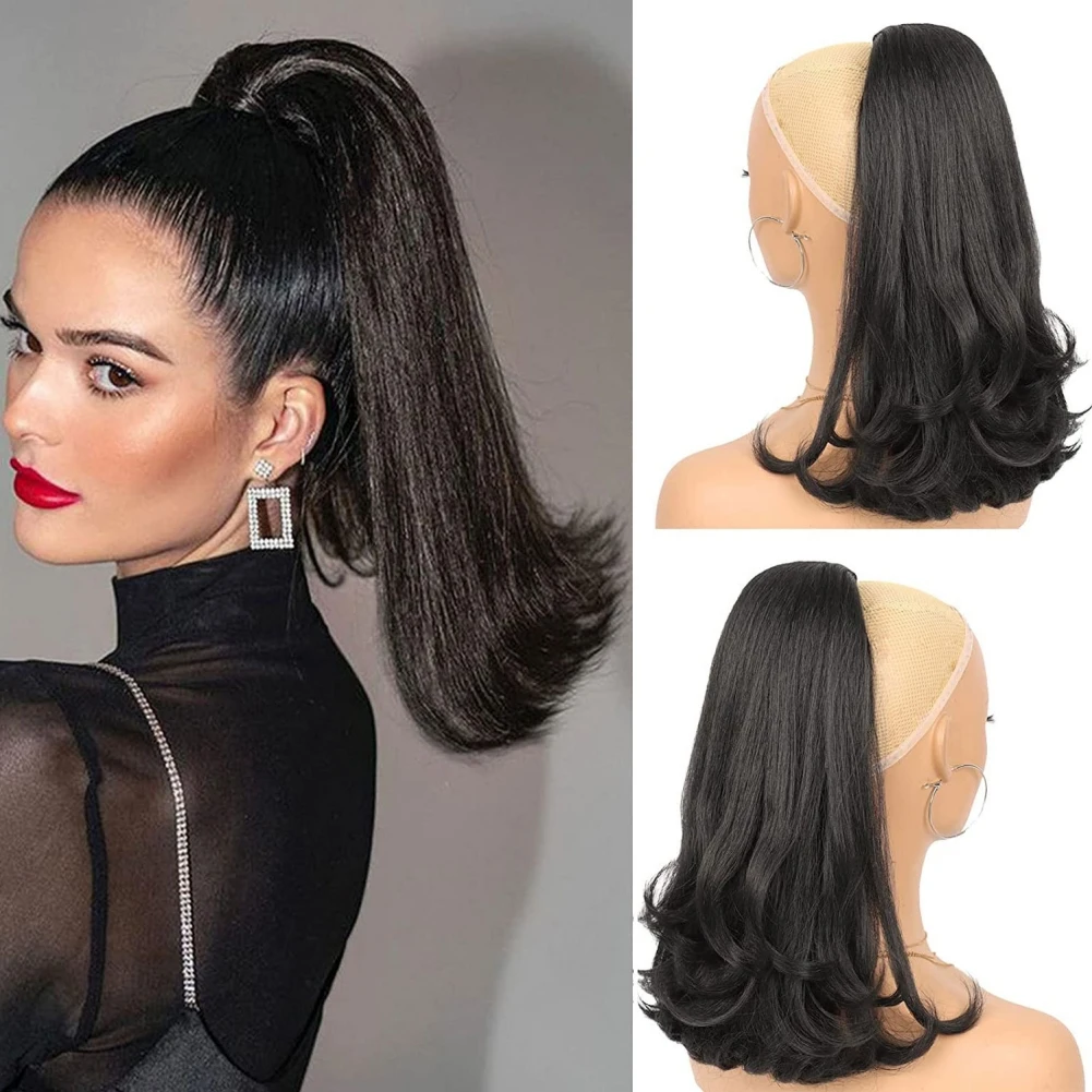Short End Curly Synthetic Draw-string Ponytails for Women 16 Inch Yaki Hair Ponytails Heat Resistant Matte Fiber Ponytail Hair