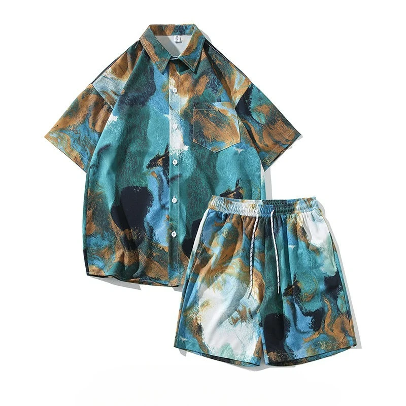 Beach Suit Men's Summer Thin Drape Short-sleeved Shirt Shorts Ice Silk Two-piece Set Trendy Temperament Fashionable Comfortable