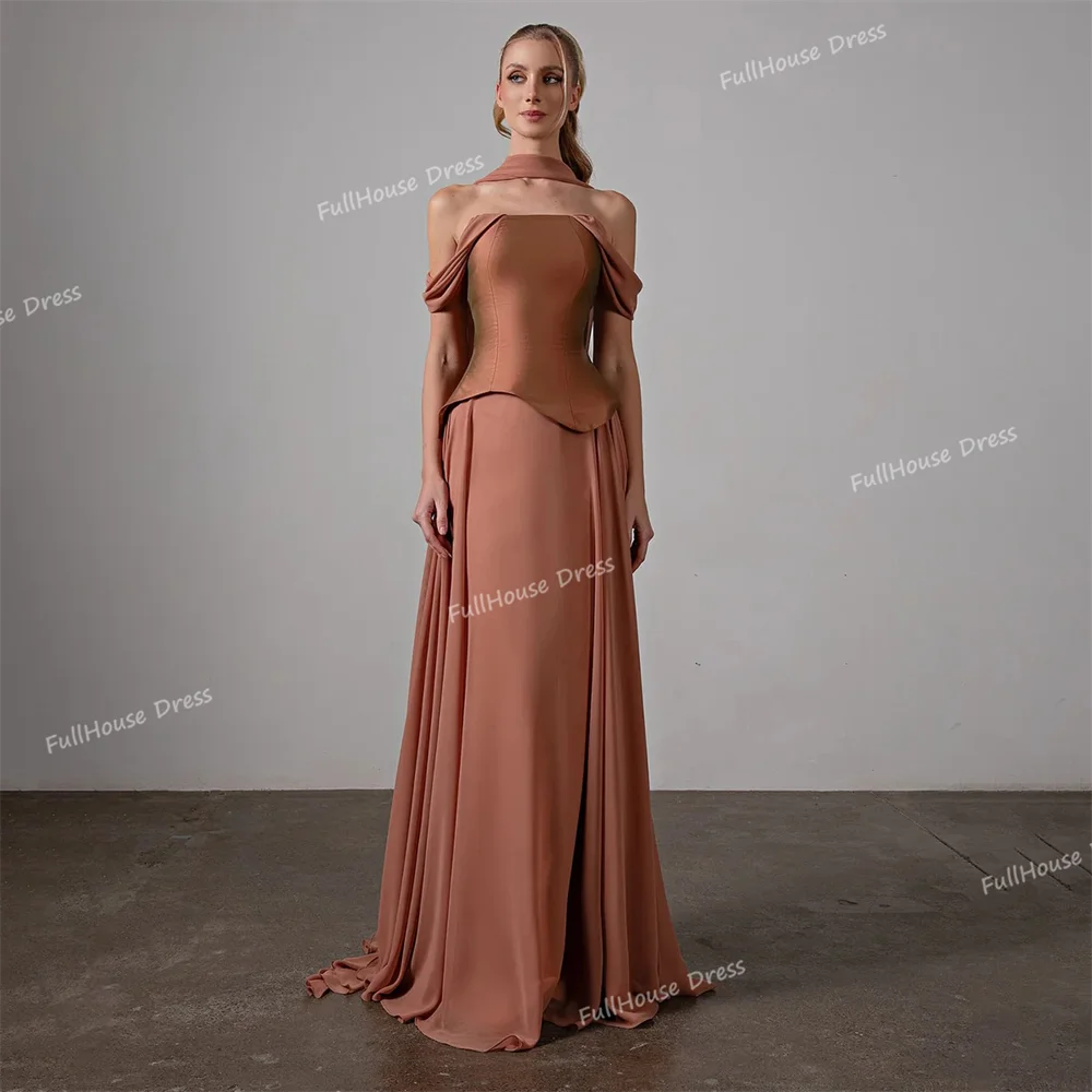 

Custom Made Modern Two-Pieces Off Shoulder Draped Evening Gown A-line Floor Length Backless Bridal Dress with Train vestidos de
