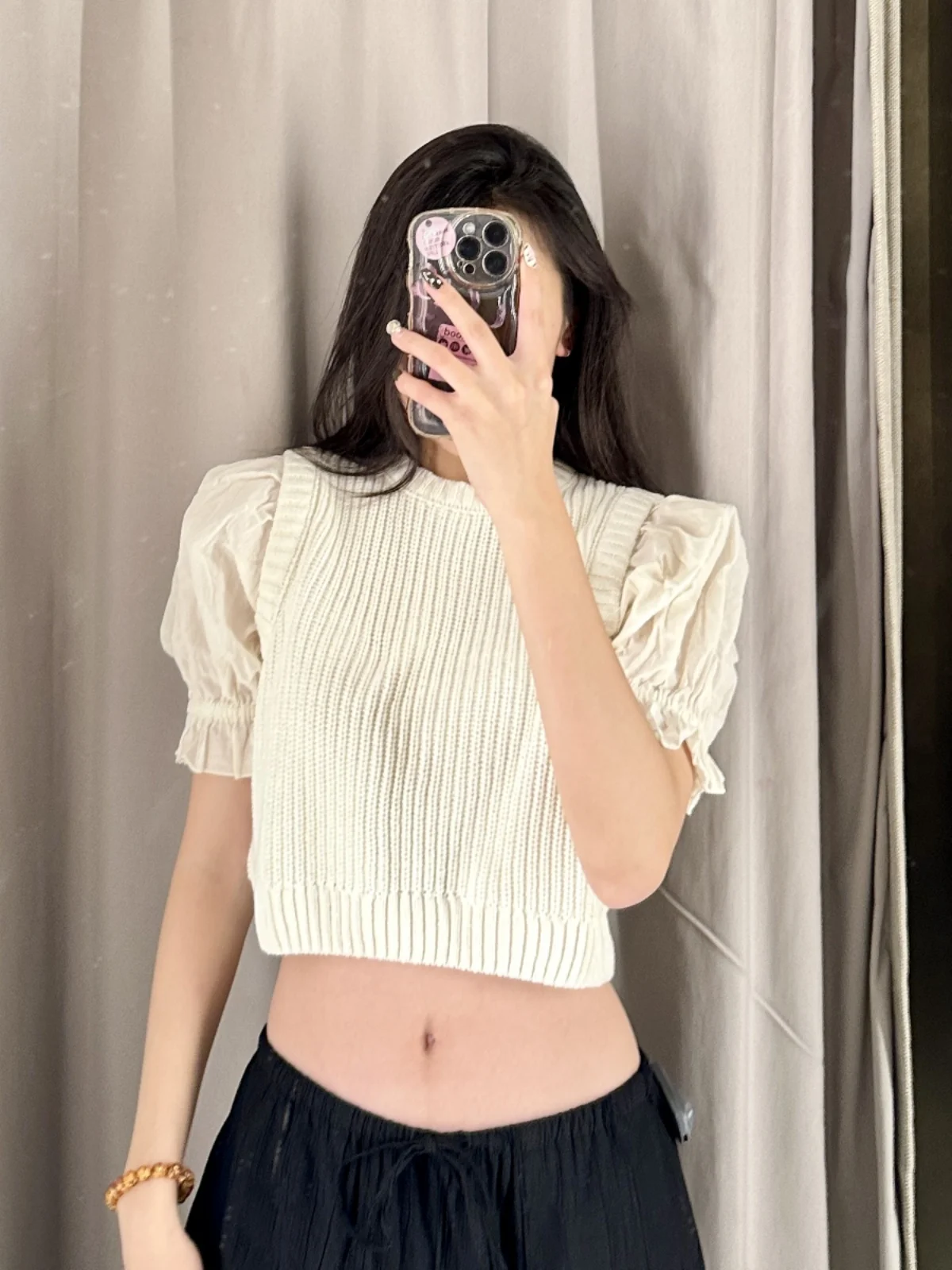 

WMXZ23 Short Sleeve round Neck Spliced Knitted Sweater Sweet Style Pure Color Autumn New Arrival Women's Fashion Top