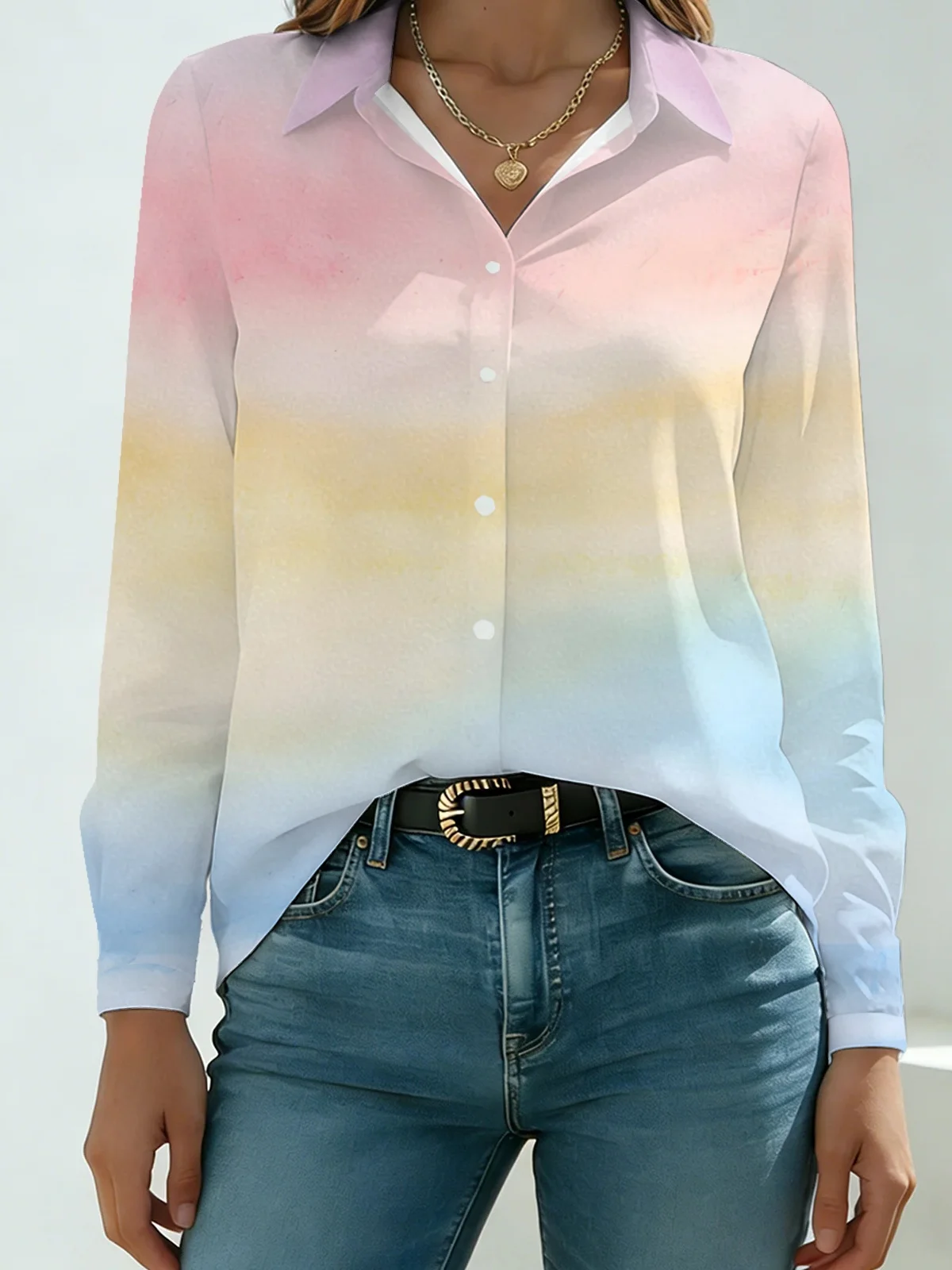 Ethereal Multi Gradient Watercolor Womens Collared Shirt All Over Pastel Horizontal Tone Print Long Sleeve Street Dating Top