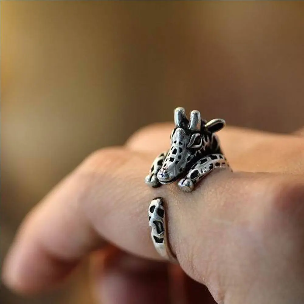 Vintage Burnished Cuff Wrap Adjustable Silver Planted Retro Jewelry Animal Ring Giraffe Open Finger Ring