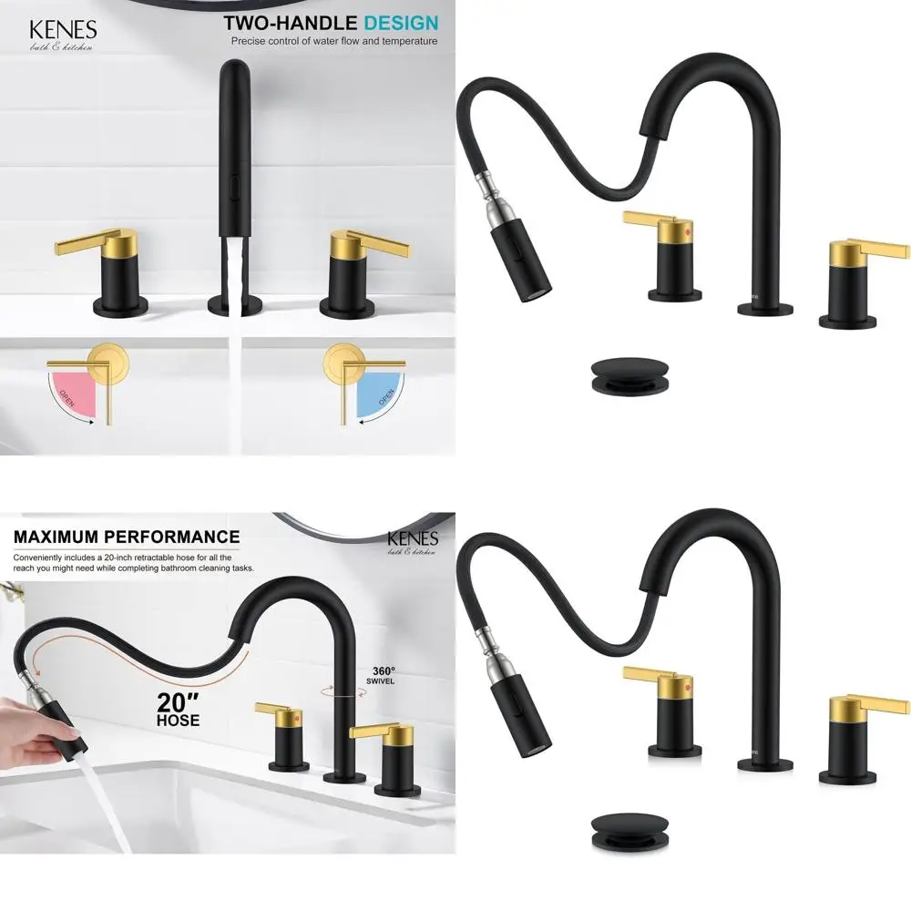 

8 Widespread 2-Handle Bathroom Sink Faucet with Pull-Out Spray and Pop-Up Drain, Black and Gold Finish, LJ-9068-BG