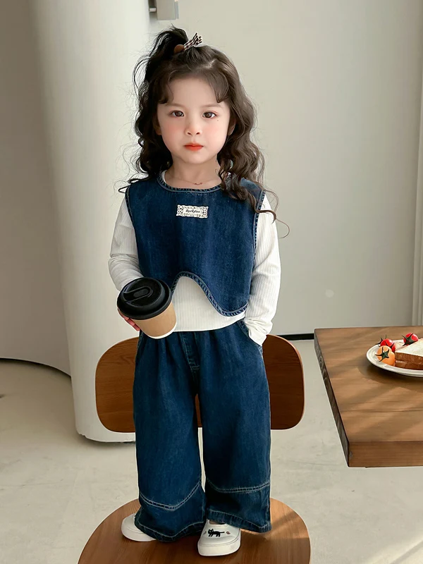 

Корейский комплект детской одежды Sle из чистого хлопка, повседневный комплект футболок Long Sve round Ne для девочек, осенняя мода