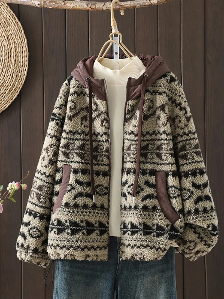 

Retro Ethnic Sle Hooded Lamb Fur Cotton Jaet Women's Winter Warmth Age-Defng Coat Zipper Closure Long Sve Regular Fit