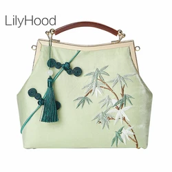 Female Velvet Aesthetic Cottage Bamboo Embroidery Hanfu Side Sling Bag Oriental Chinese Button Fringed Small Phone Green Handbag