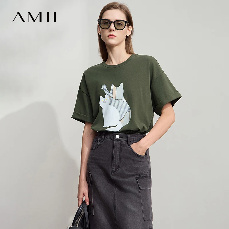 

Топ Amii для женщин, минималистичный, лето 2023, новый стиль, повседневная свободная эластичная футболка из чесаного хлопка с круглым вырезом и принтом 12522144