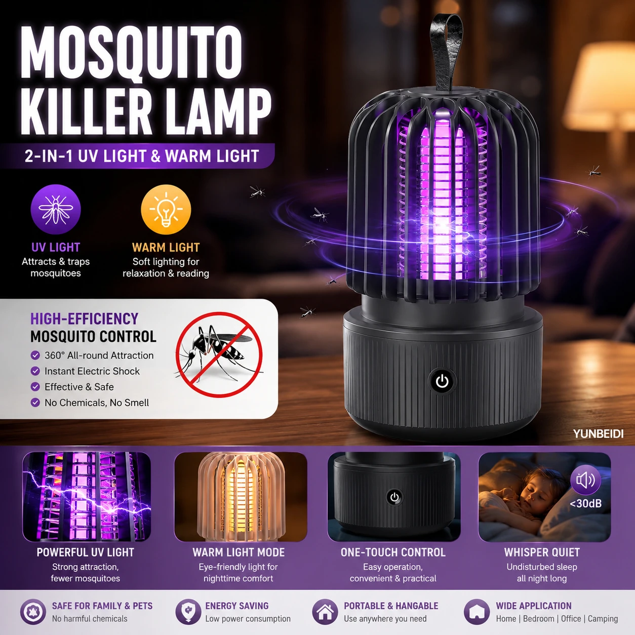 Mosquito Killer Lamp 2 in 1 UV Light Mosquito Trap USB Rechargeable Quiet Night Light for Home Bedroom Camping Indoor Outdoor view 4