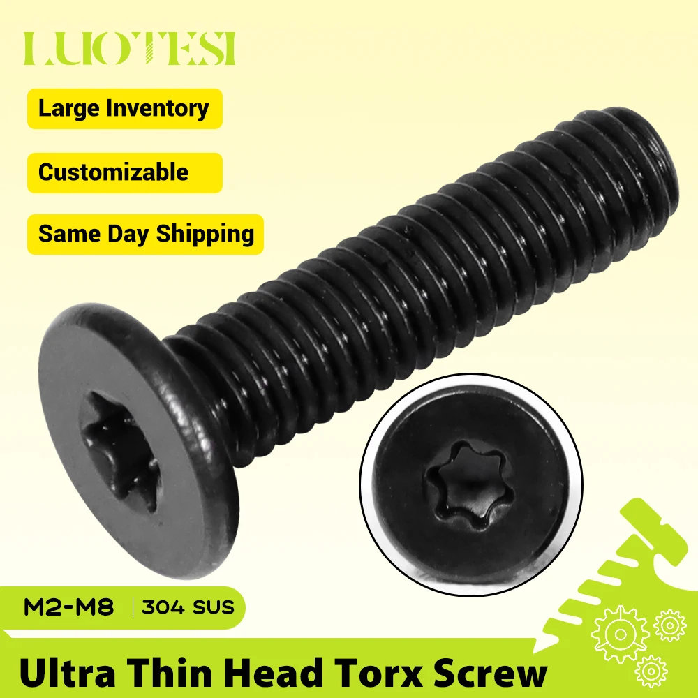 Parafuso de máquina de acionamento torx de cabeça plana ultrafina, aço inoxidável preto m2 m2.5 m3 m4 m5 m6 5-50 peças parafuso estrela de seis lóbulos