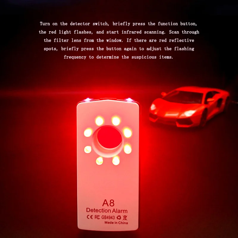 A8 Hotel Pinhole Anti Camera Detector Infrared Detection Anti-theft Monitoring Eavesdropping Audible and Visual Alarm Flashlight