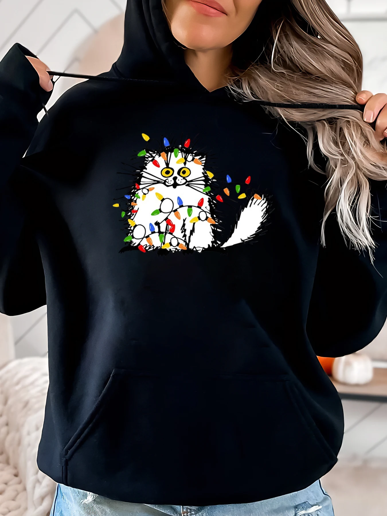 Świąteczna bluza z kapturem z nadrukiem kota, damska, codzienna, zimowa, czarna, plus size