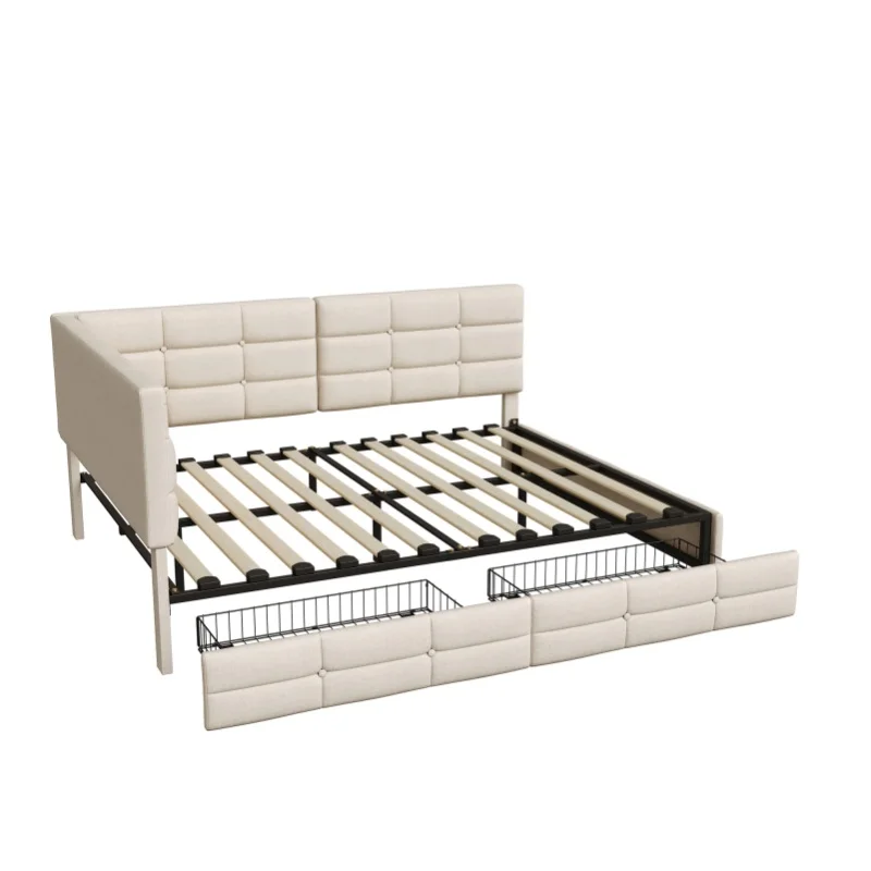 Comanlai, gepolstertes Doppelbett 140x190 cm, Beige, Leinenstoff, Bettgestell mit L-förmigem, gepolstertem Kopfteil und Stauraum unter dem Bett, Lattenrost, Schlafzimmermöbel.