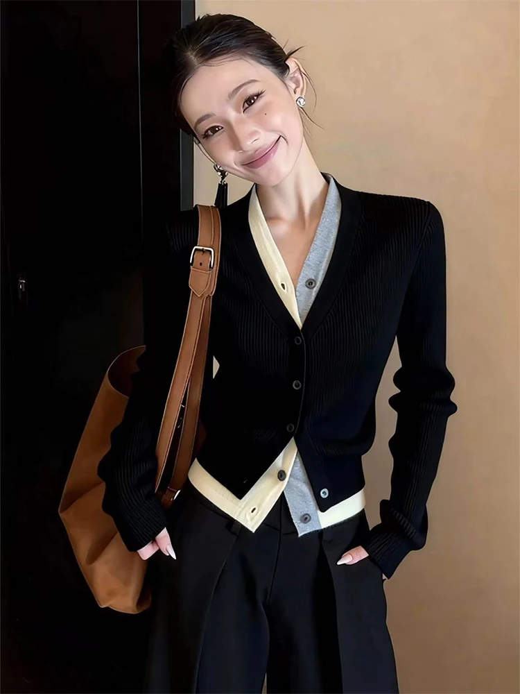 Elegant Slimming Long Sleeve V-Neck Splice Color Block Knitted Sweater Cardigan Women's Fashion Commute Style Soft Acrylic Fiber