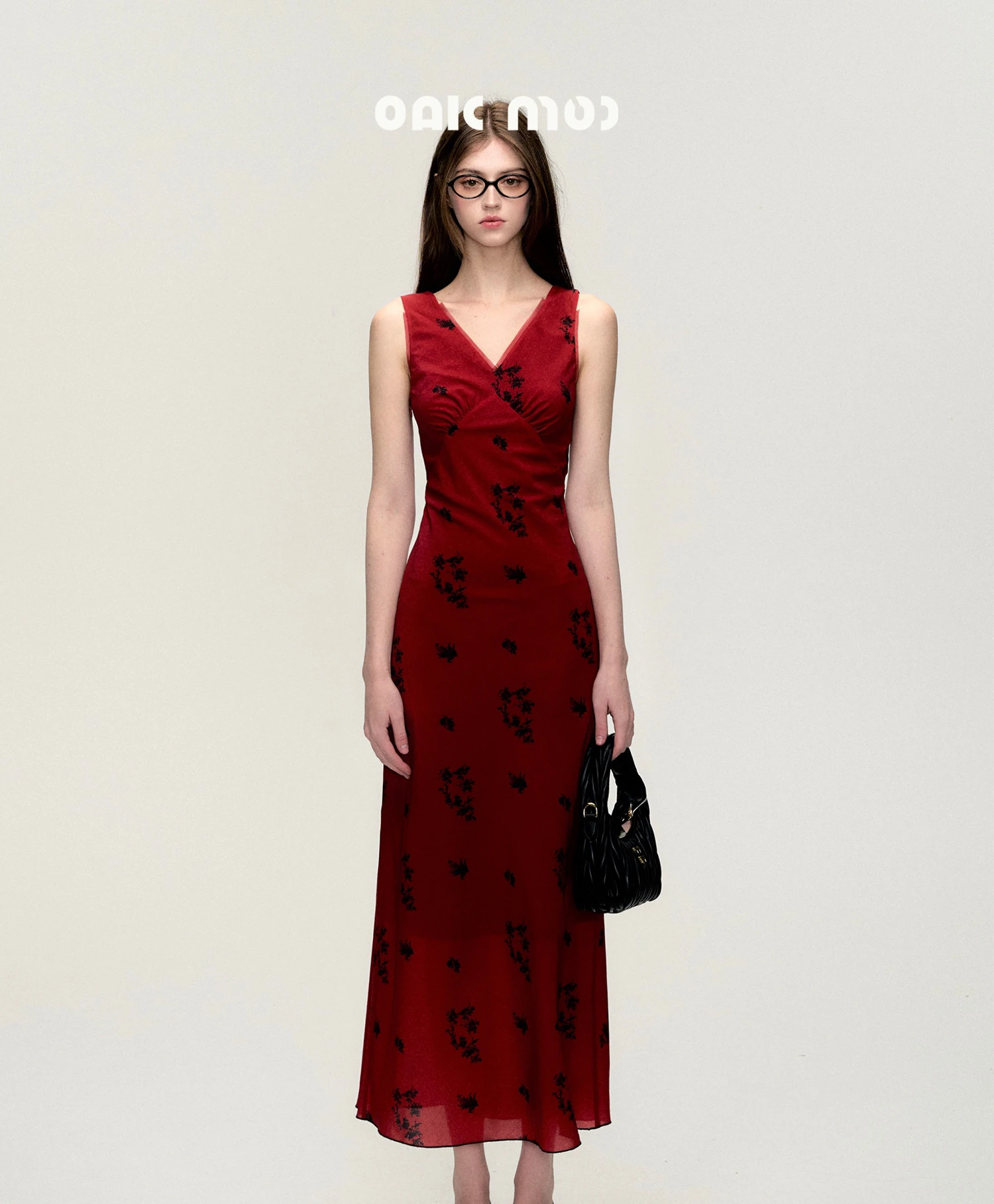 High Quality Hot Selling "Greedy Jade Rui" Camellia Red Dress Women Summer V-neck Cinched Waist Printed Patchwork Long Dress