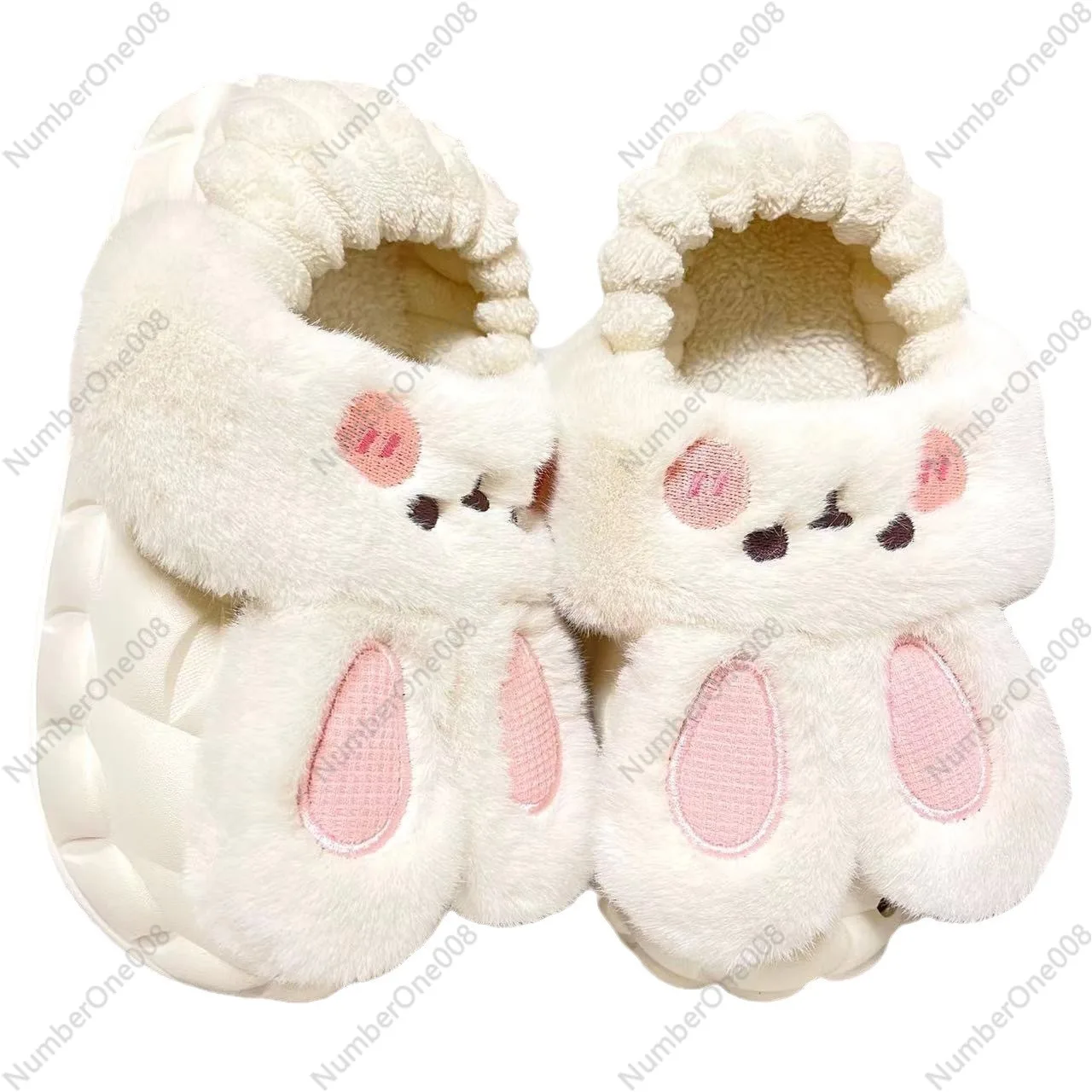 Rabbit fluffy slippers women's home autumn and winter shoes thick soles non-slip and cold